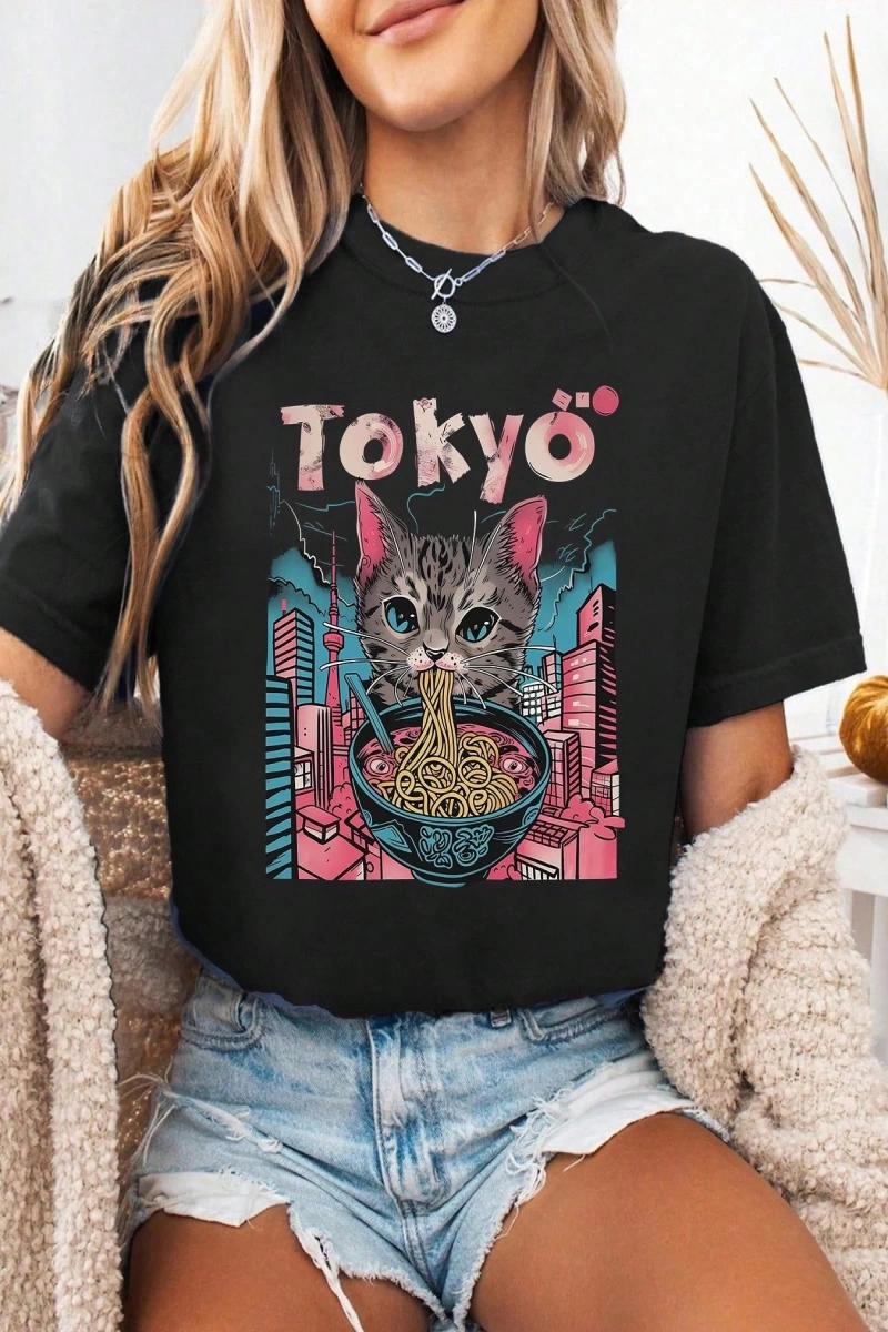 Kadın Günlük Üstler Tişörtler, Sevimli Kedi Deniz Ürünleri Ramen Desenli Baskılı Üstler, Hayv