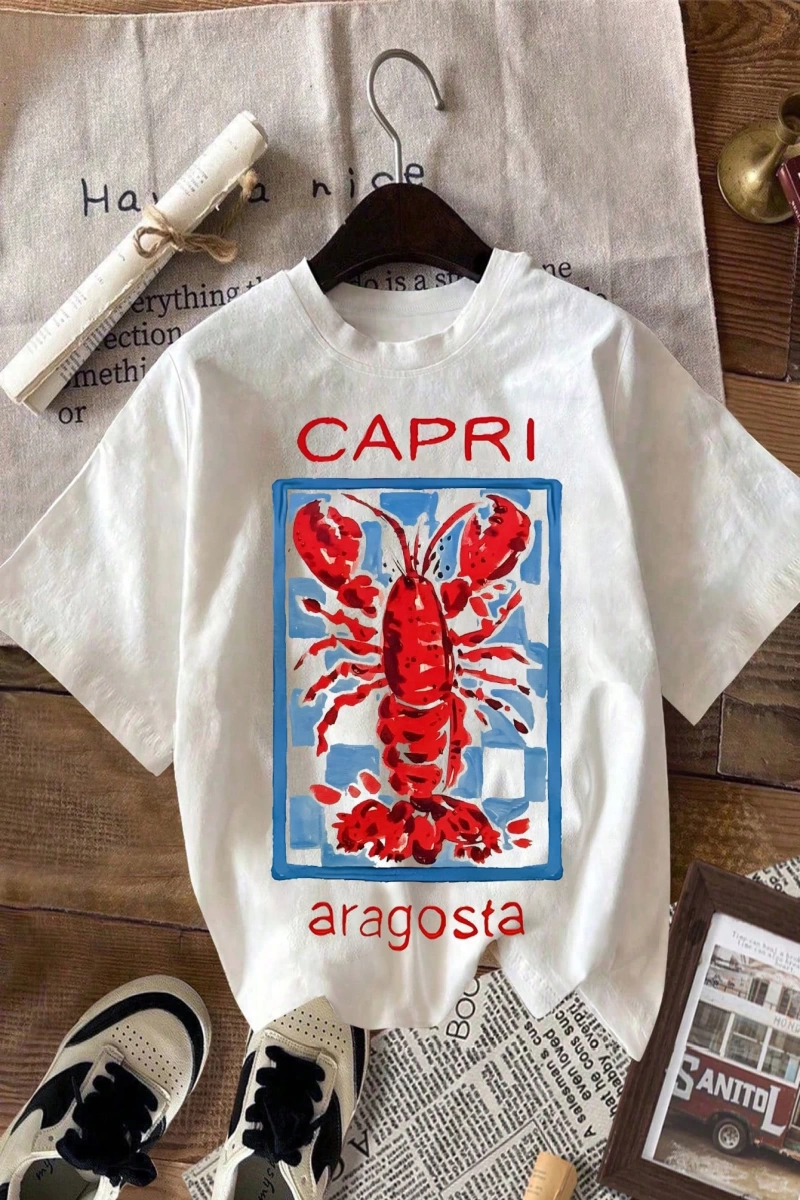 Kadın Günlük Yuvarlak Yaka Kısa Kollu Tişört Istakoz Desenli, CAPRI Yaz Plaj Tişörtü