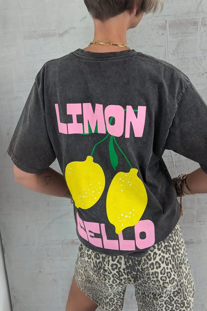 Kadın Günlük Yuvarlak Yaka Kısa Kollu Tişört Limon Çello Bahar Kıyafetleri Desenli