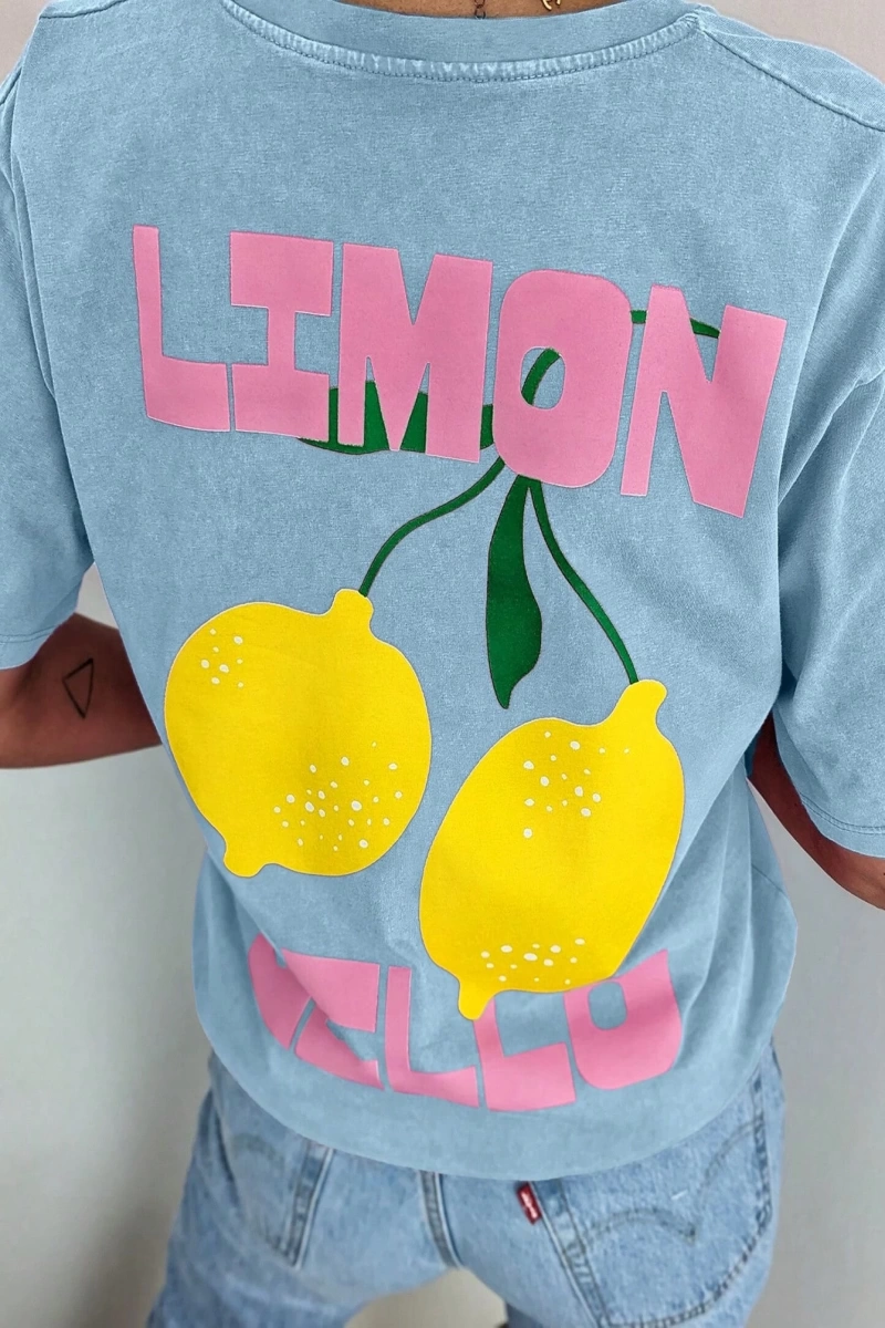 Kadın Günlük Yuvarlak Yaka Kısa Kollu Tişört Limon Çello Bahar Kıyafetleri Desenli
