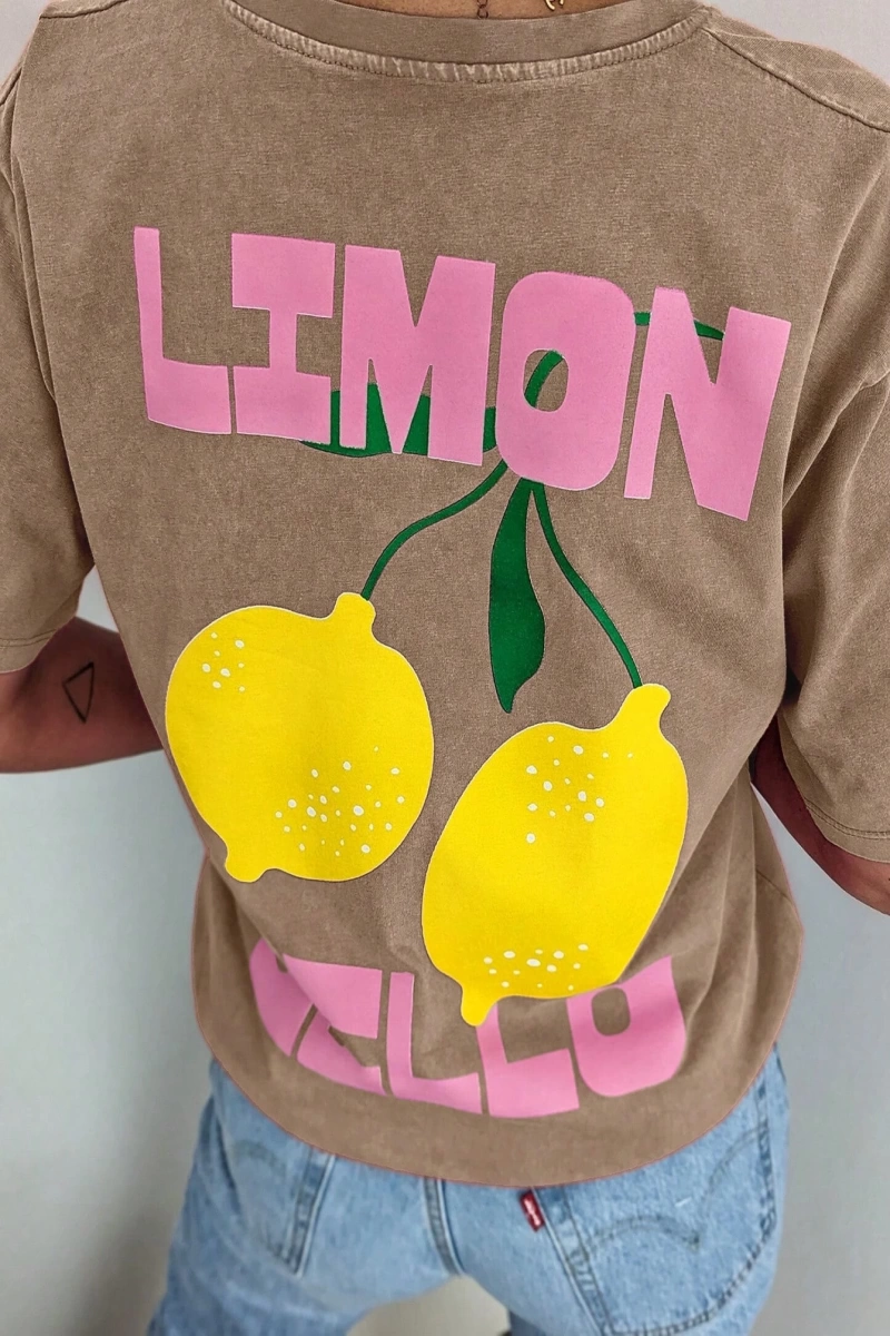 Kadın Günlük Yuvarlak Yaka Kısa Kollu Tişört Limon Çello Bahar Kıyafetleri Desenli
