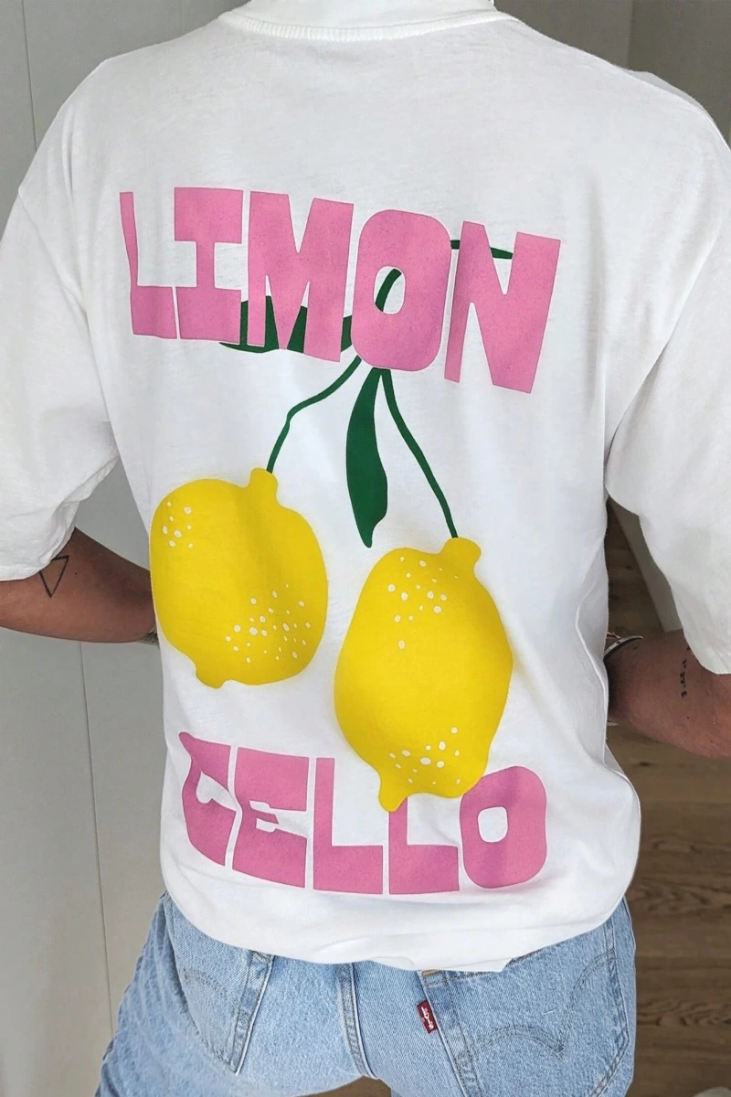 Kadın Günlük Yuvarlak Yaka Kısa Kollu Tişört Limon Çello Bahar Kıyafetleri Desenli
