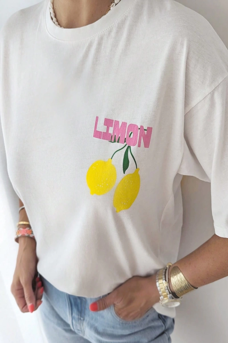 Kadın Günlük Yuvarlak Yaka Kısa Kollu Tişört Limon Çello Bahar Kıyafetleri Desenli