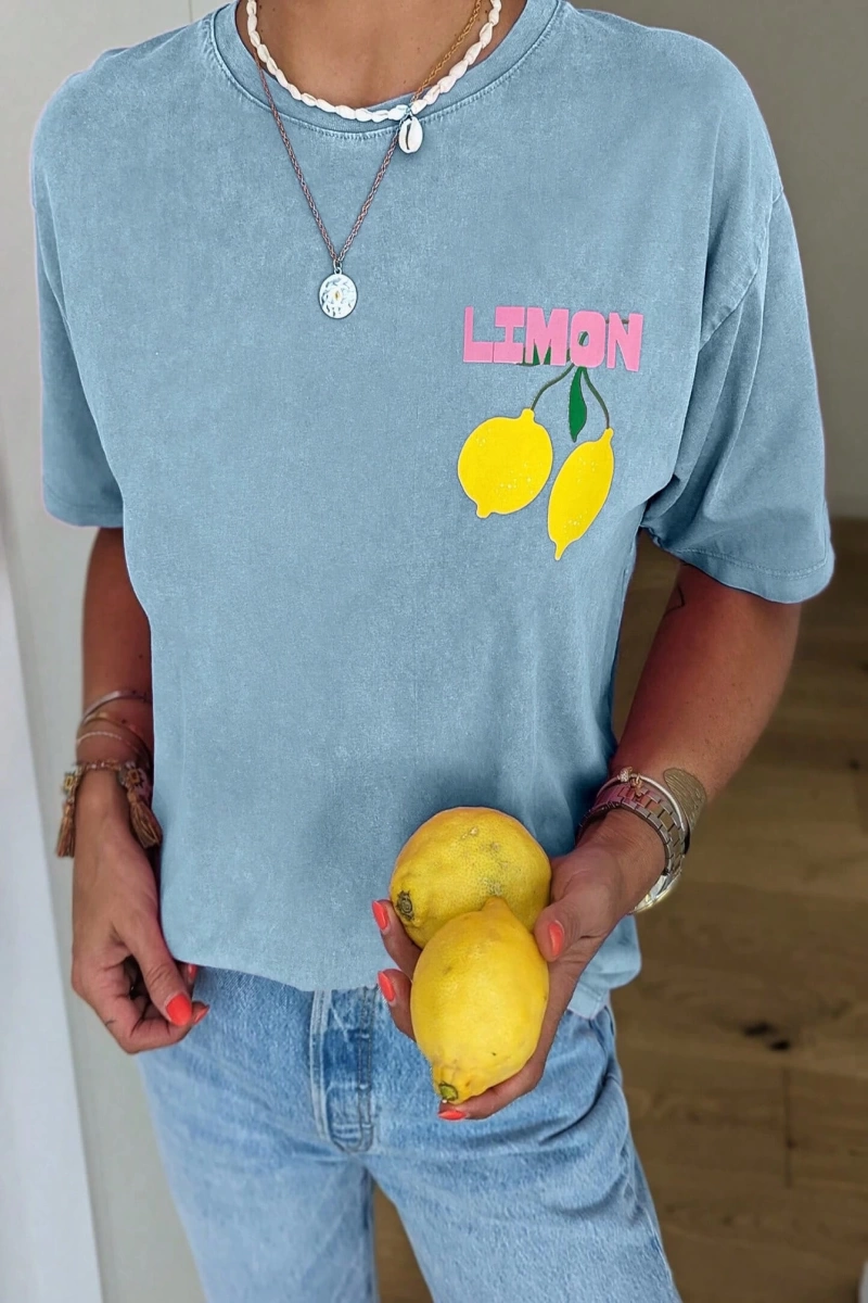 Kadın Günlük Yuvarlak Yaka Kısa Kollu Tişört Limon Çello Bahar Kıyafetleri Desenli