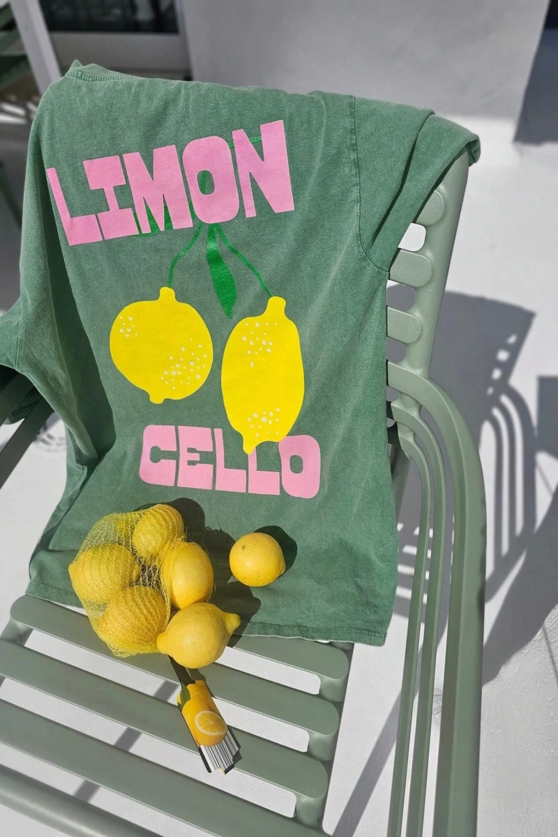 Kadın Günlük Yuvarlak Yaka Kısa Kollu Tişört Limon Çello Bahar Kıyafetleri Desenli
