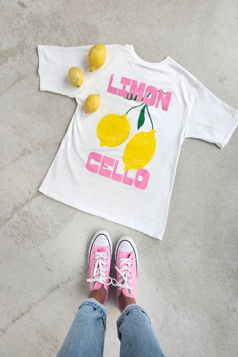 Kadın Günlük Yuvarlak Yaka Kısa Kollu Tişört Limon Çello Bahar Kıyafetleri Desenli