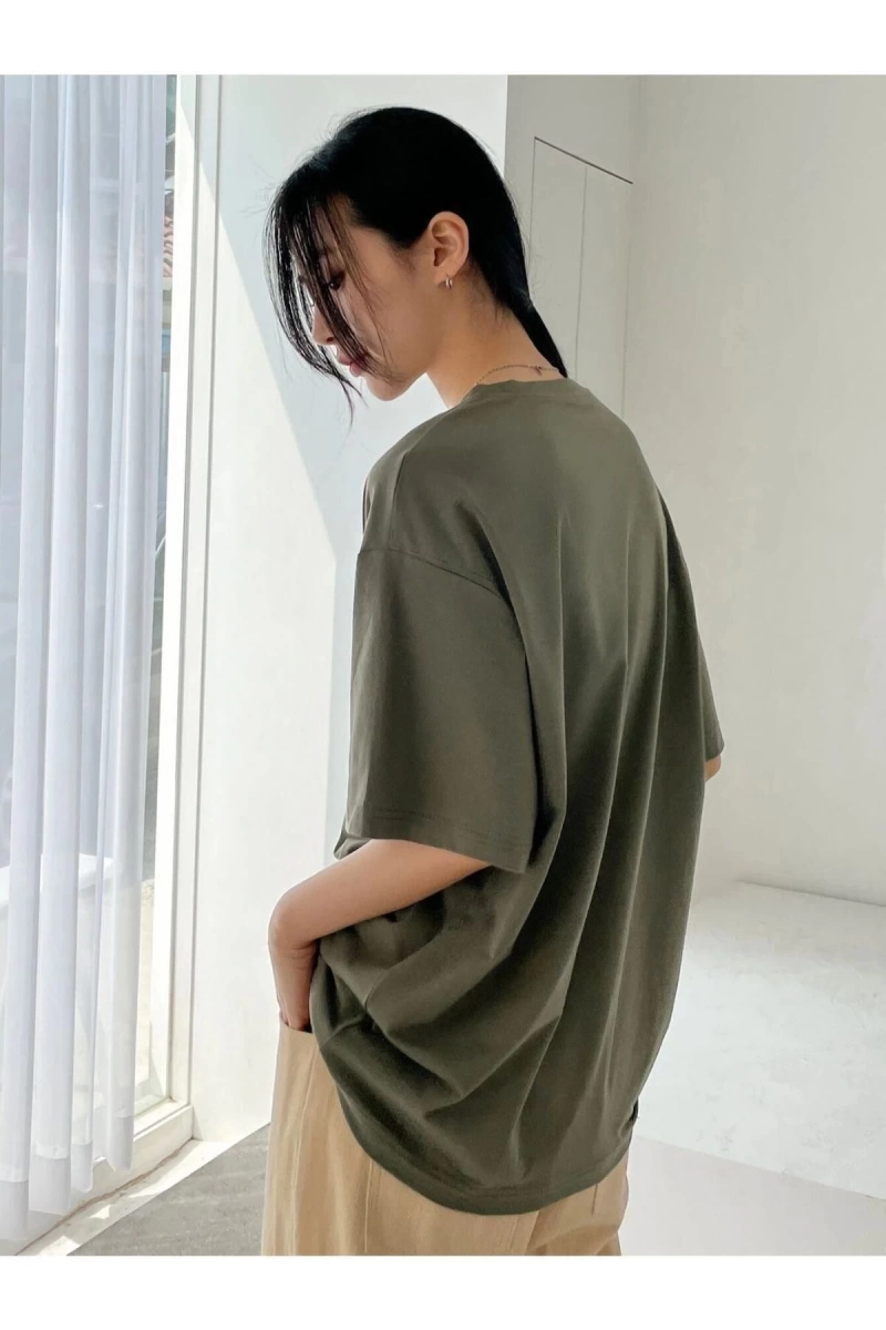 Kadın Haki Çiçek Baskılı Oversize Bisiklet Yaka Tshirt