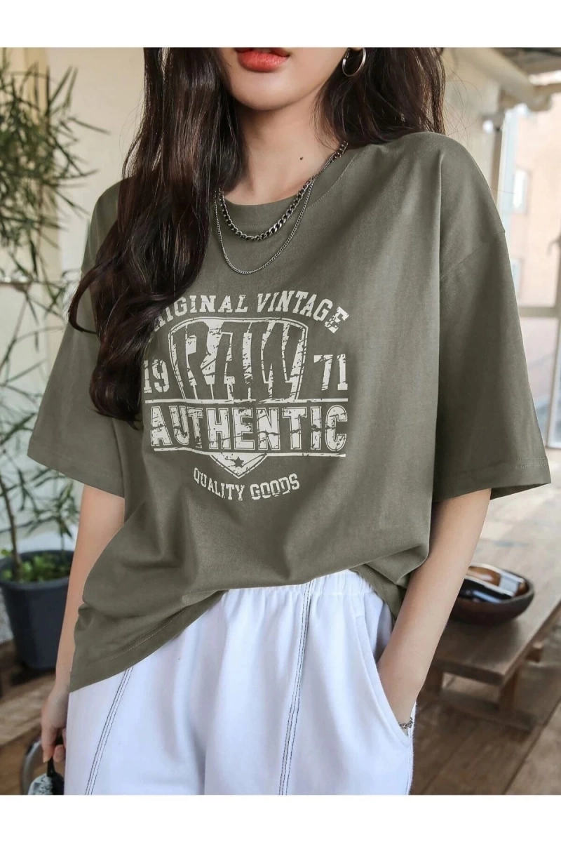 Kadın Haki Yeşil Original Vintage Raw Baskılı Oversize Bisiklet Yaka Tshirt
