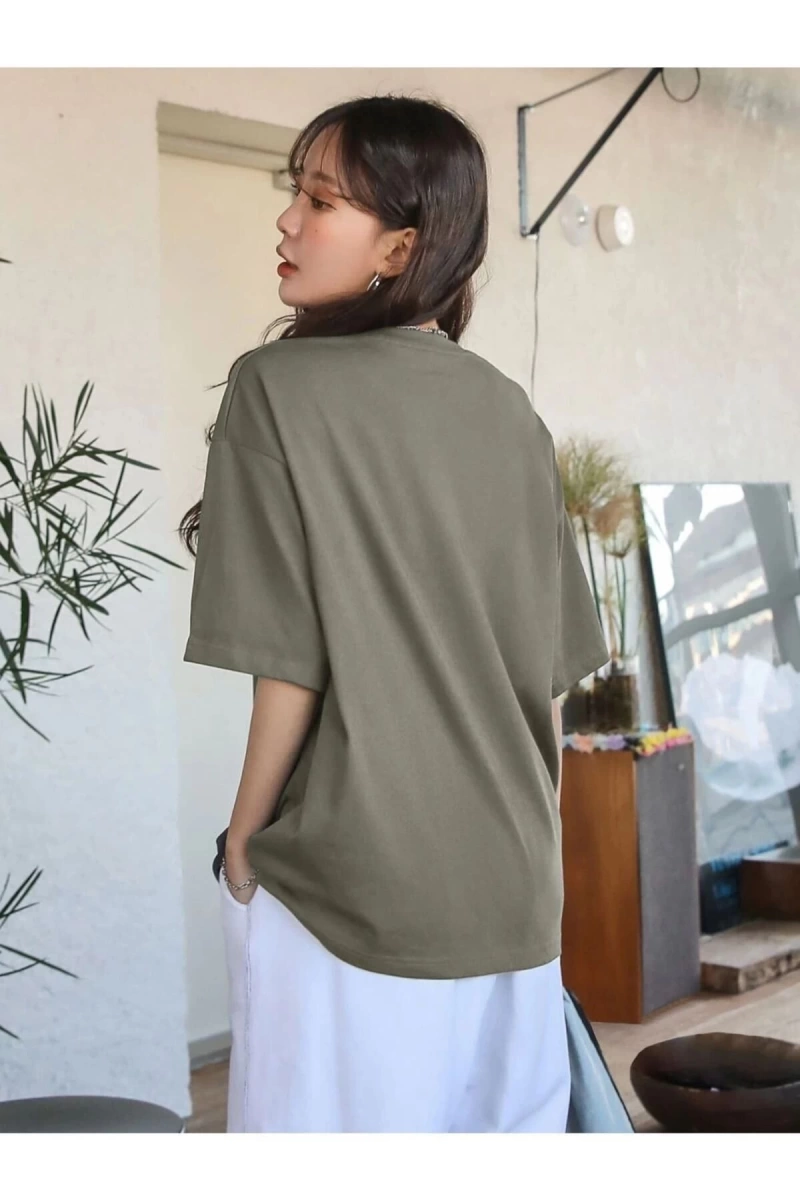 Kadın Haki Yeşil Original Vintage Raw Baskılı Oversize Bisiklet Yaka Tshirt