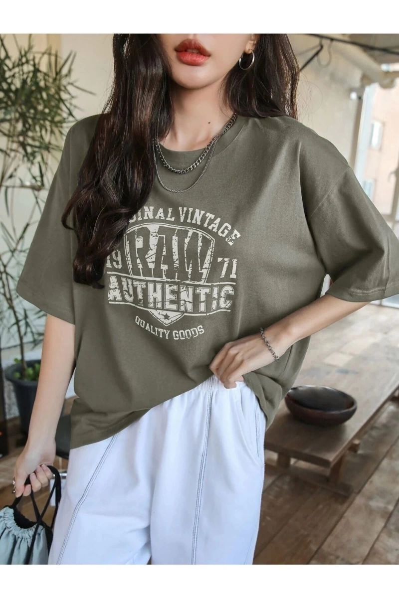 Kadın Haki Yeşil Original Vintage Raw Baskılı Oversize Bisiklet Yaka Tshirt