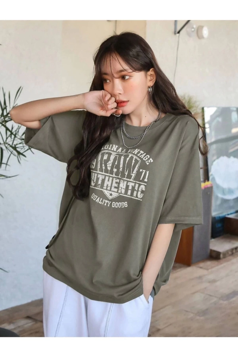 Kadın Haki Yeşil Original Vintage Raw Baskılı Oversize Bisiklet Yaka Tshirt