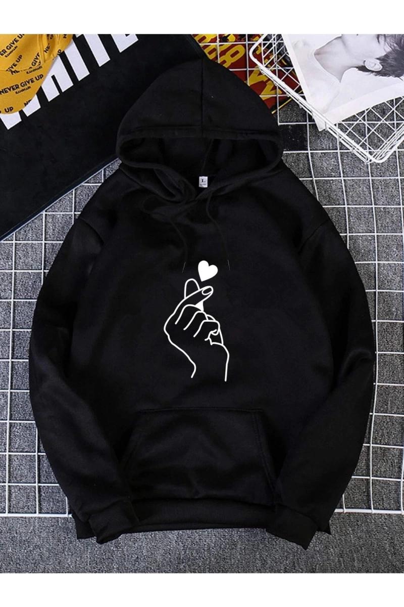 Kadın Heart Baskılı Kapüşonlu Sweatshirt