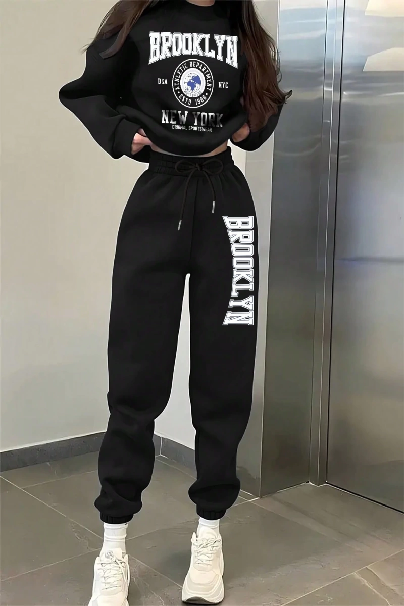 Kadın İki Parçalı Yuvarlak Yaka Kapşonlu Sweatshirt ve Eşofman Altı Sonbahar ve Kış Sezonu İç