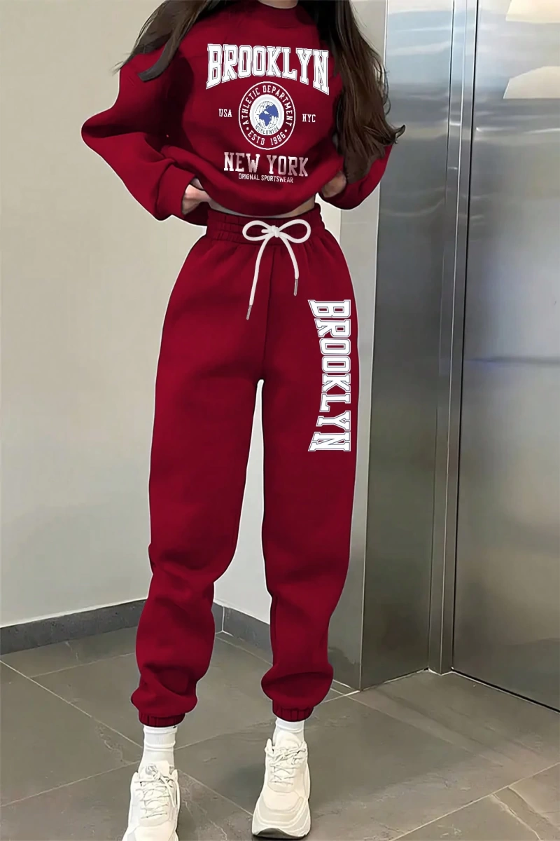 Kadın İki Parçalı Yuvarlak Yaka Kapşonlu Sweatshirt ve Eşofman Altı Sonbahar ve Kış Sezonu İç
