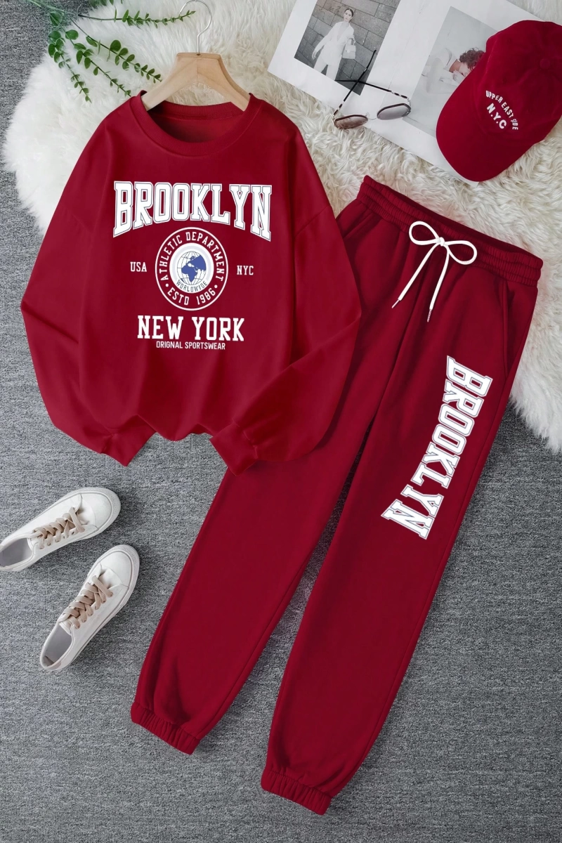 Kadın İki Parçalı Yuvarlak Yaka Kapşonlu Sweatshirt ve Eşofman Altı Sonbahar ve Kış Sezonu İç