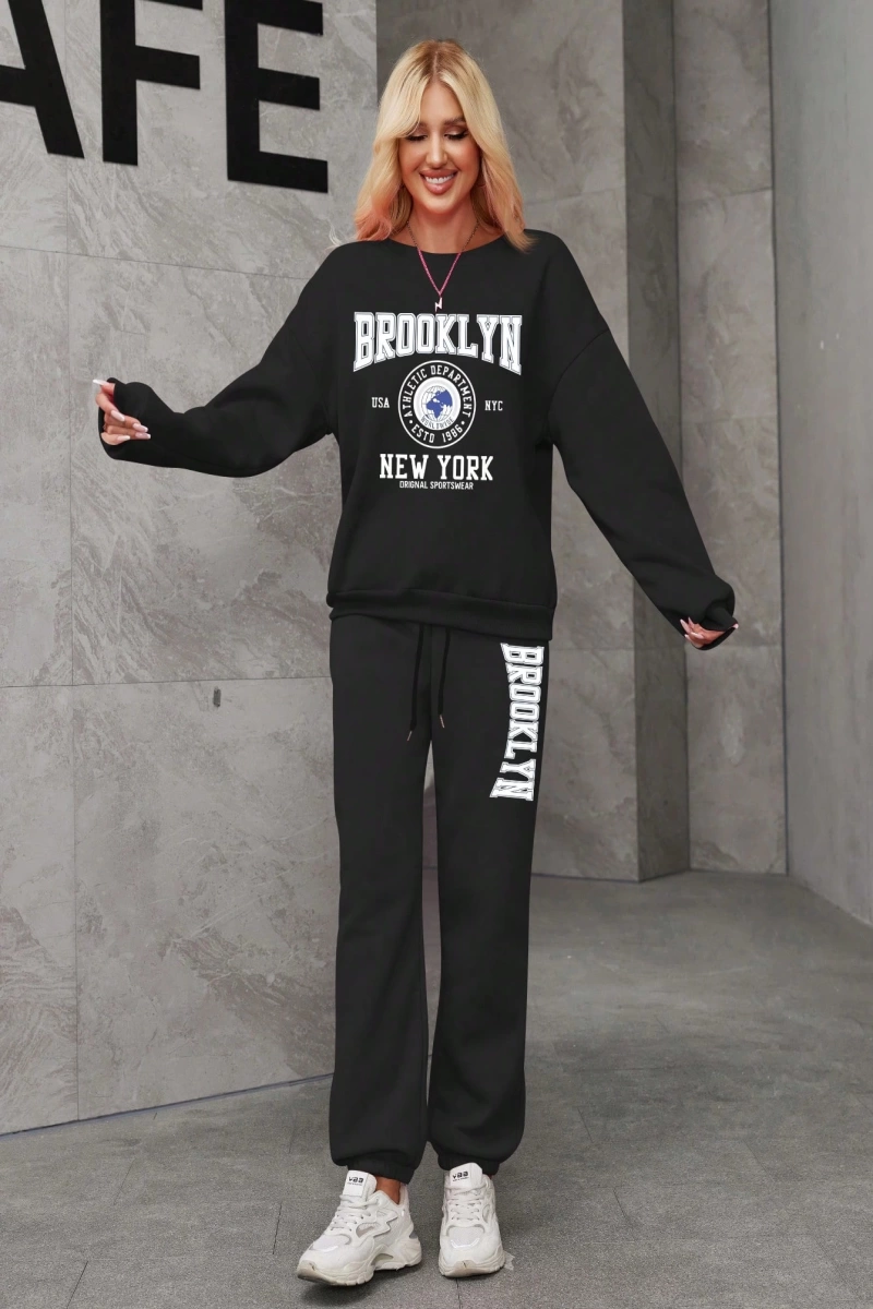 Kadın İki Parçalı Yuvarlak Yaka Kapşonlu Sweatshirt ve Eşofman Altı Sonbahar ve Kış Sezonu İç
