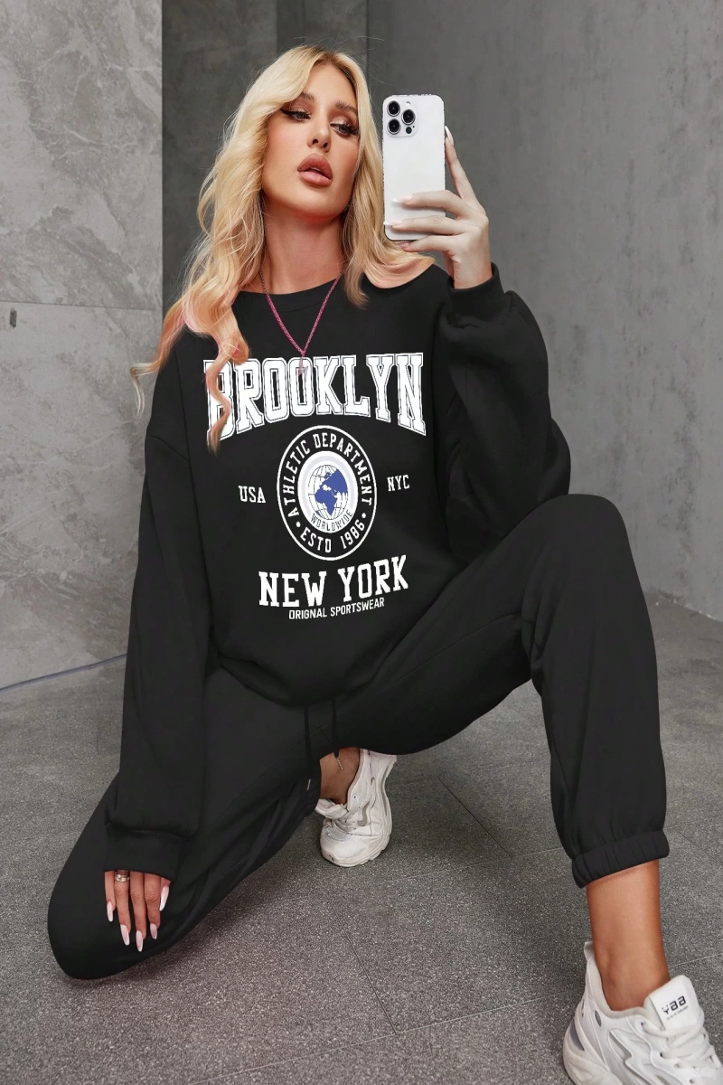Kadın İki Parçalı Yuvarlak Yaka Kapşonlu Sweatshirt ve Eşofman Altı Sonbahar ve Kış Sezonu İç