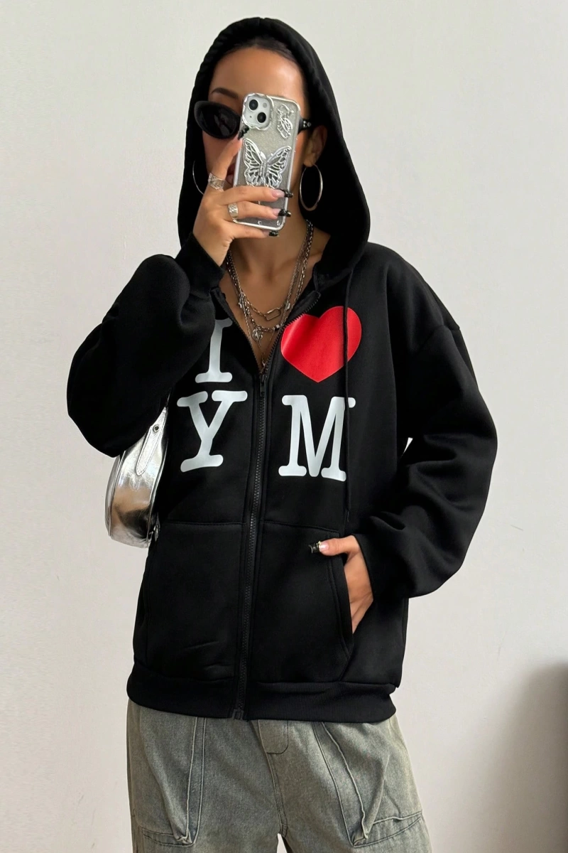 Kadın İlkbahar/Sonbahar Harf ve Kalp Baskılı Kapüşonlu Bol Paça Fermuarlı Sweatshirt Model 5200