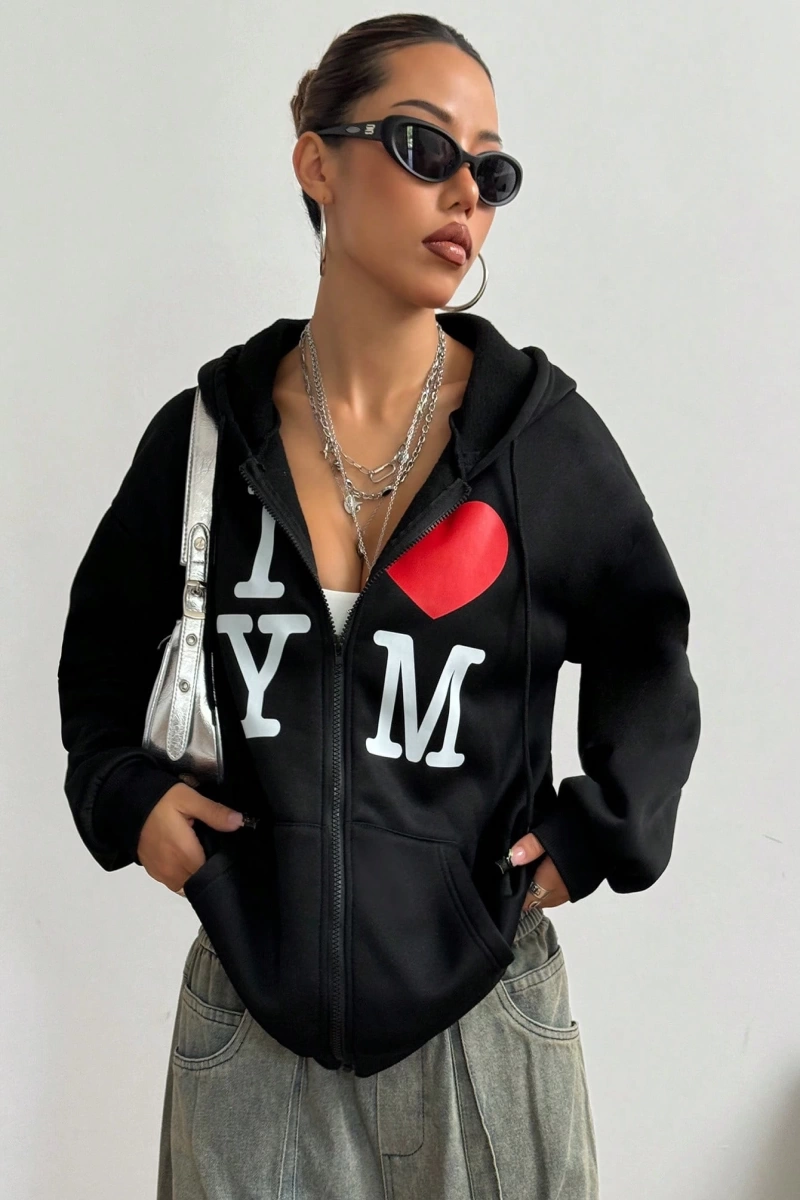 Kadın İlkbahar/Sonbahar Harf ve Kalp Baskılı Kapüşonlu Bol Paça Fermuarlı Sweatshirt Model 5200
