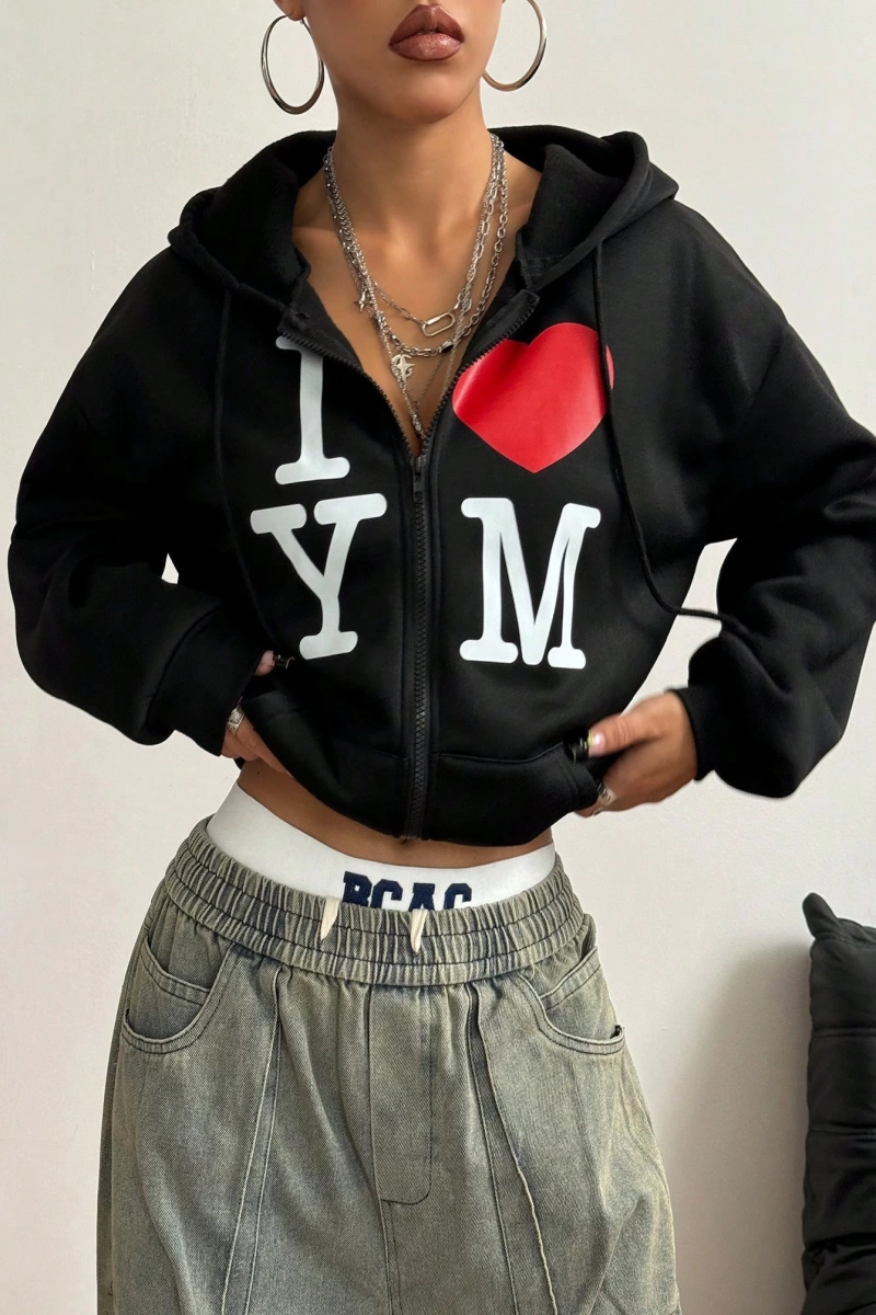 Kadın İlkbahar/Sonbahar Harf ve Kalp Baskılı Kapüşonlu Bol Paça Fermuarlı Sweatshirt Model 5200