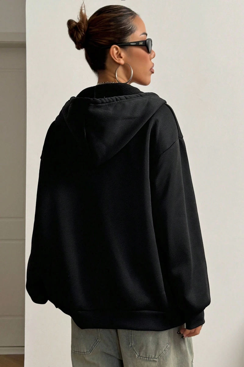Kadın İlkbahar/Sonbahar Harf ve Kalp Baskılı Kapüşonlu Bol Paça Fermuarlı Sweatshirt Model 5200