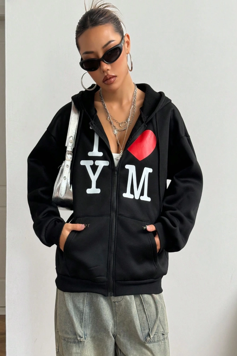 Kadın İlkbahar/Sonbahar Harf ve Kalp Baskılı Kapüşonlu Bol Paça Fermuarlı Sweatshirt Model 5200