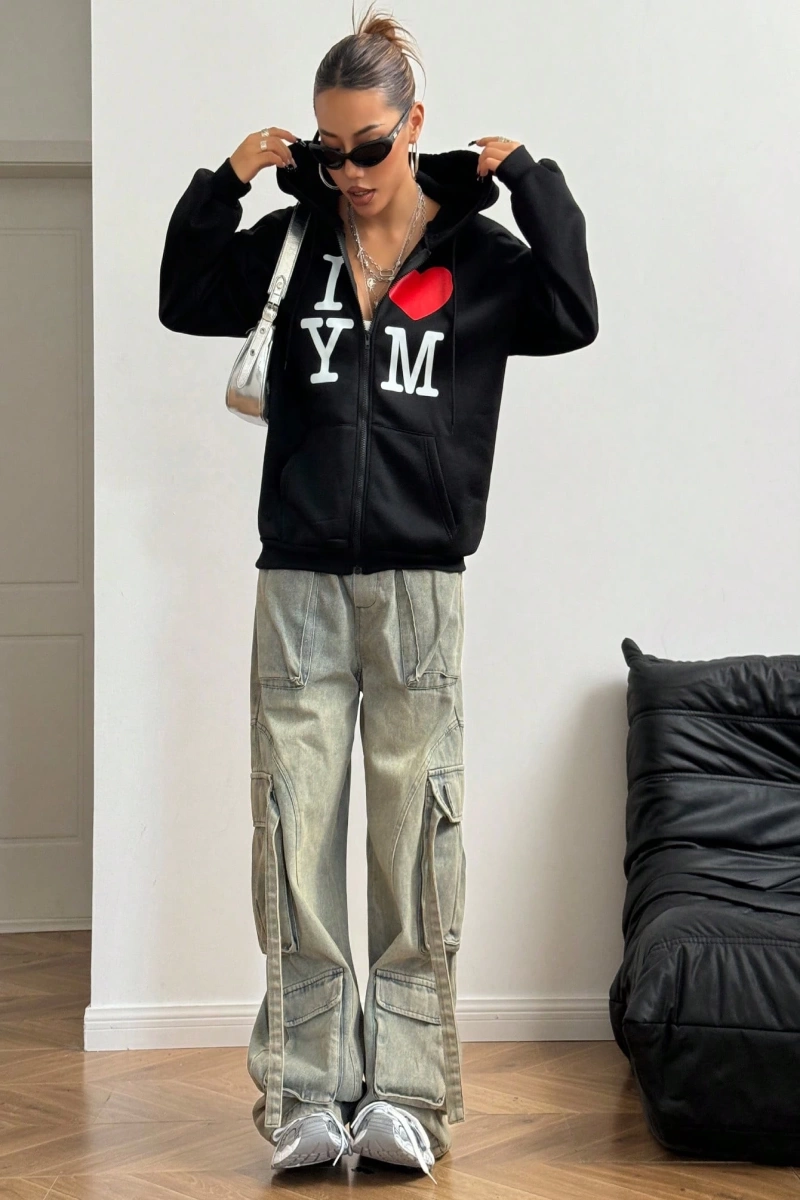 Kadın İlkbahar/Sonbahar Harf ve Kalp Baskılı Kapüşonlu Bol Paça Fermuarlı Sweatshirt Model 5200