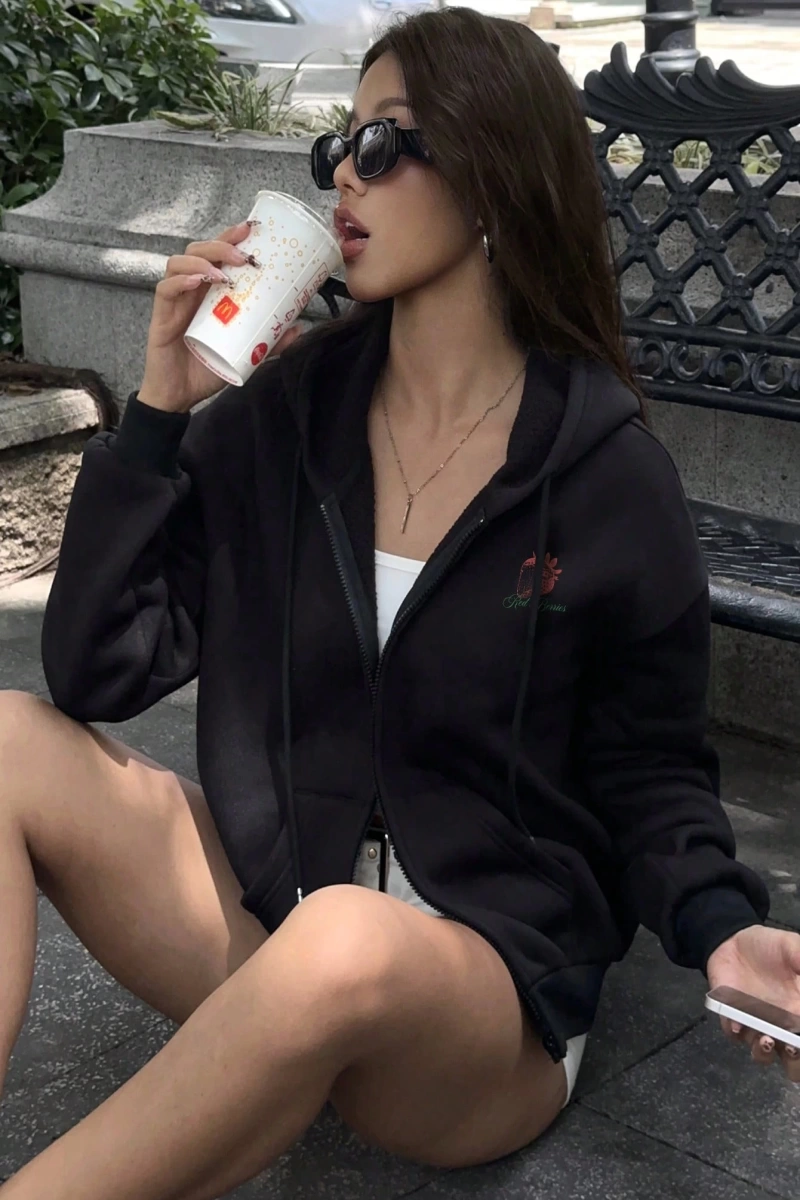 Kadın İlkbahar/Sonbahar Harf ve Kalp Baskılı Kapüşonlu Bol Paça Fermuarlı Sweatshirt Model 5201