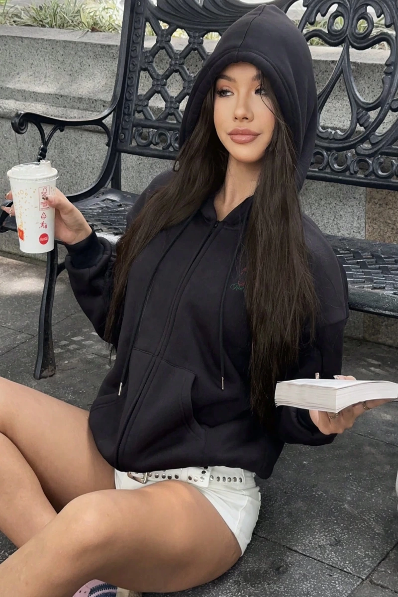 Kadın İlkbahar/Sonbahar Harf ve Kalp Baskılı Kapüşonlu Bol Paça Fermuarlı Sweatshirt Model 5201