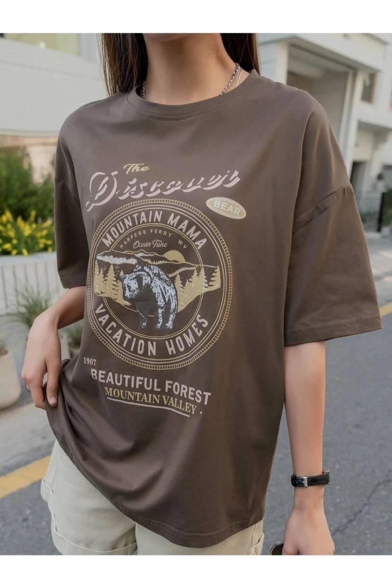 Kadın Kahverengi Discover Baskılı Bisklet Yaka Tshirt