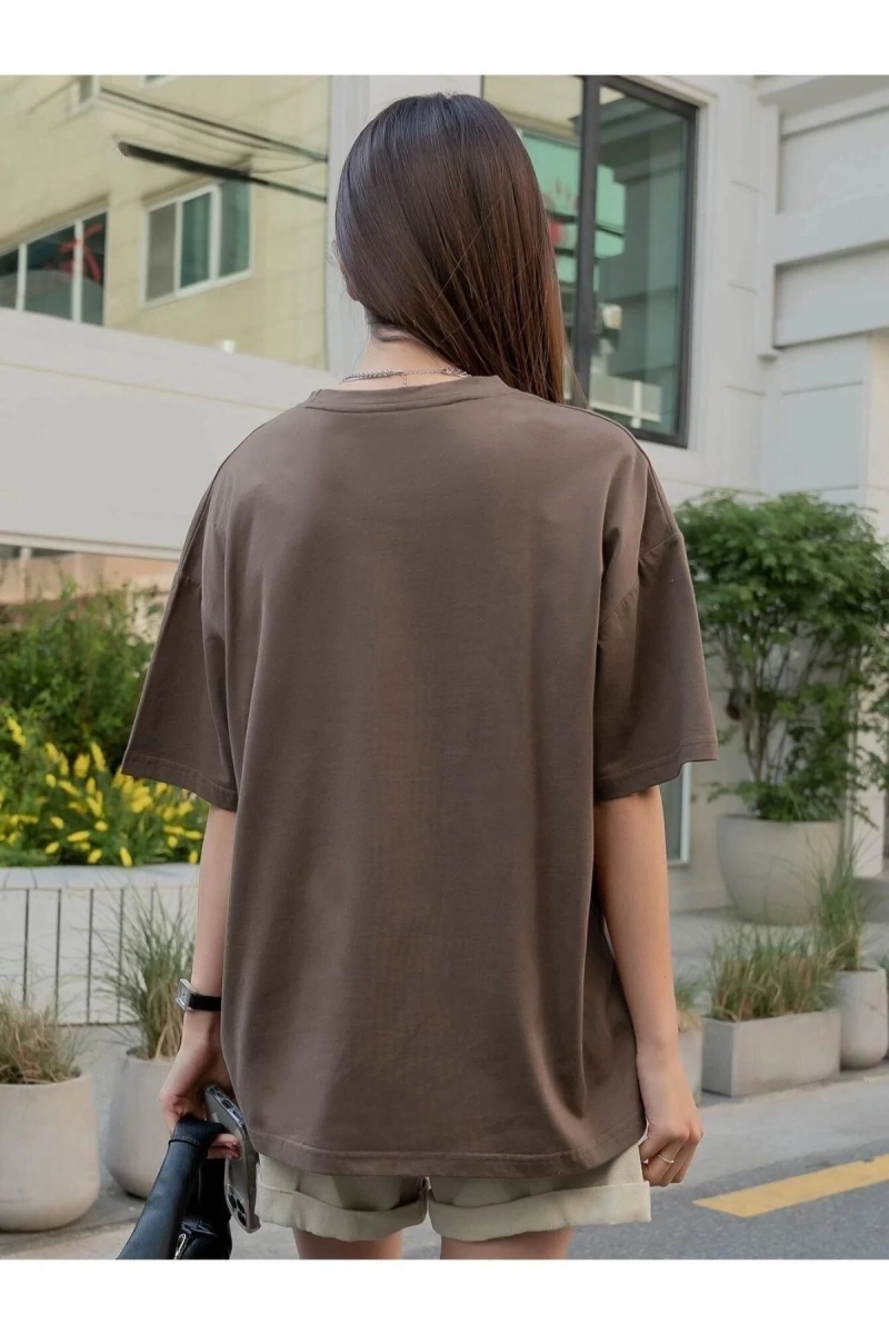 Kadın Kahverengi Discover Baskılı Bisklet Yaka Tshirt