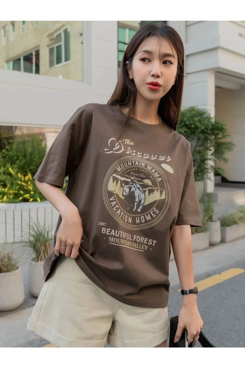Kadın Kahverengi Discover Baskılı Bisklet Yaka Tshirt
