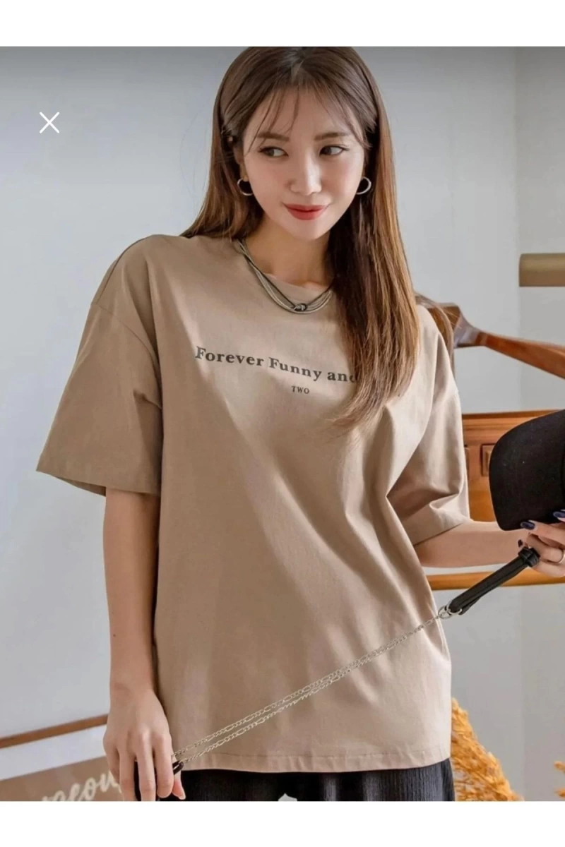 Kadın Kahverengi Funny Baskılı Oversize T-shirt