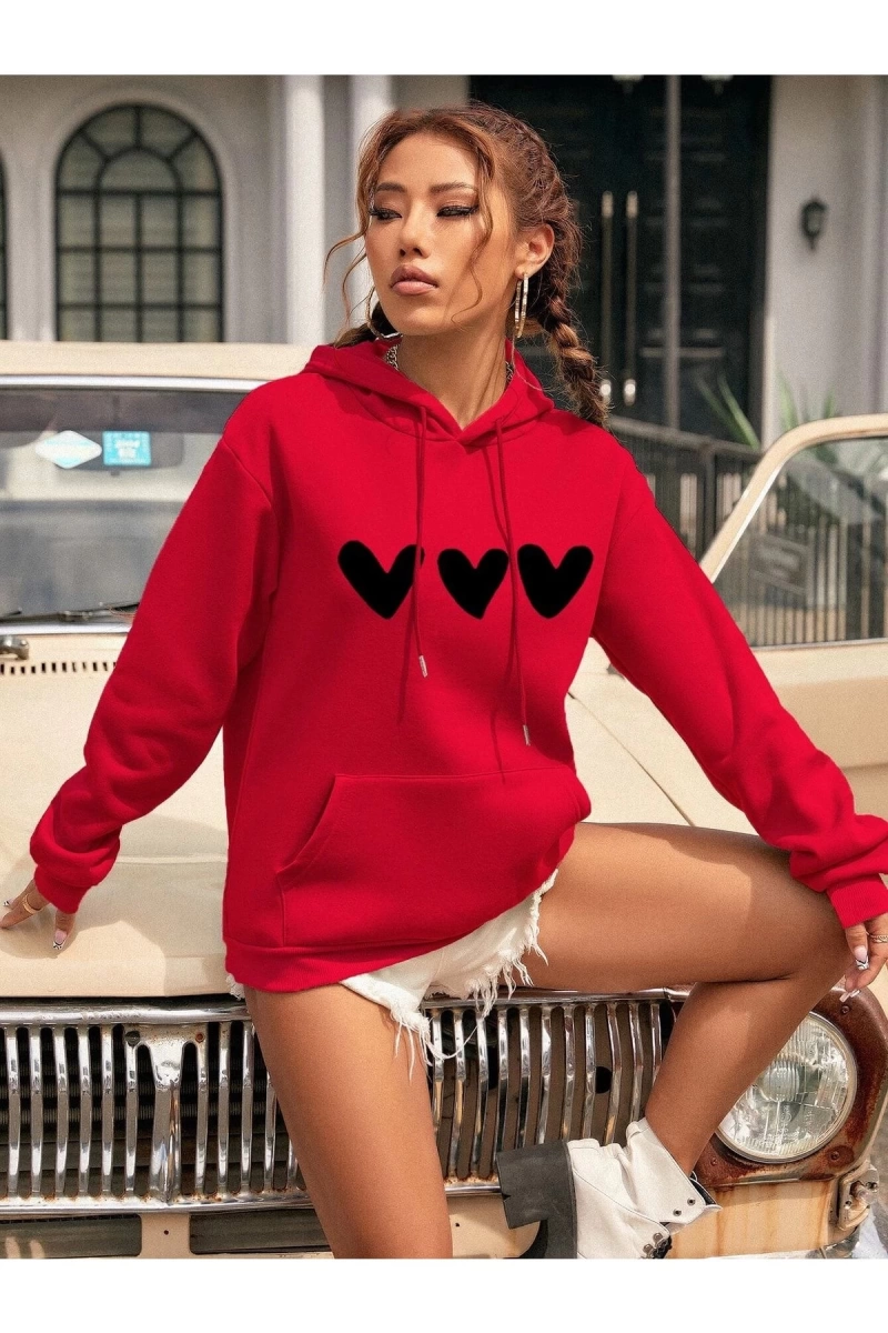 Kadın Kalp Baskılı Kapüşonlu Sweatshirt