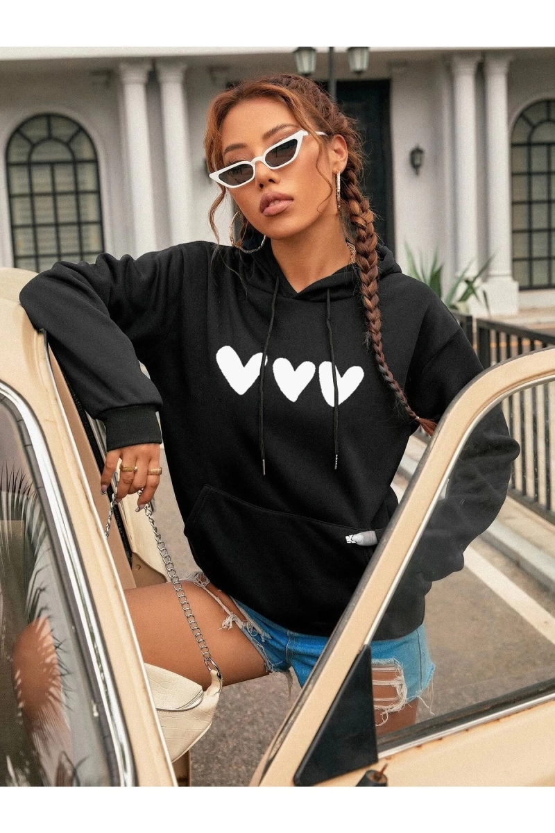 Kadın Kalp Baskılı Kapüşonlu Sweatshirt