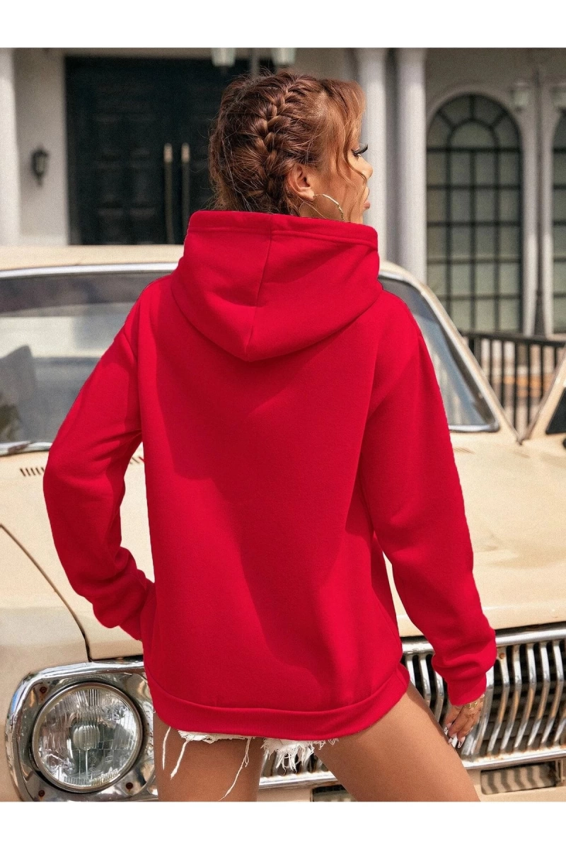 Kadın Kalp Baskılı Kapüşonlu Sweatshirt