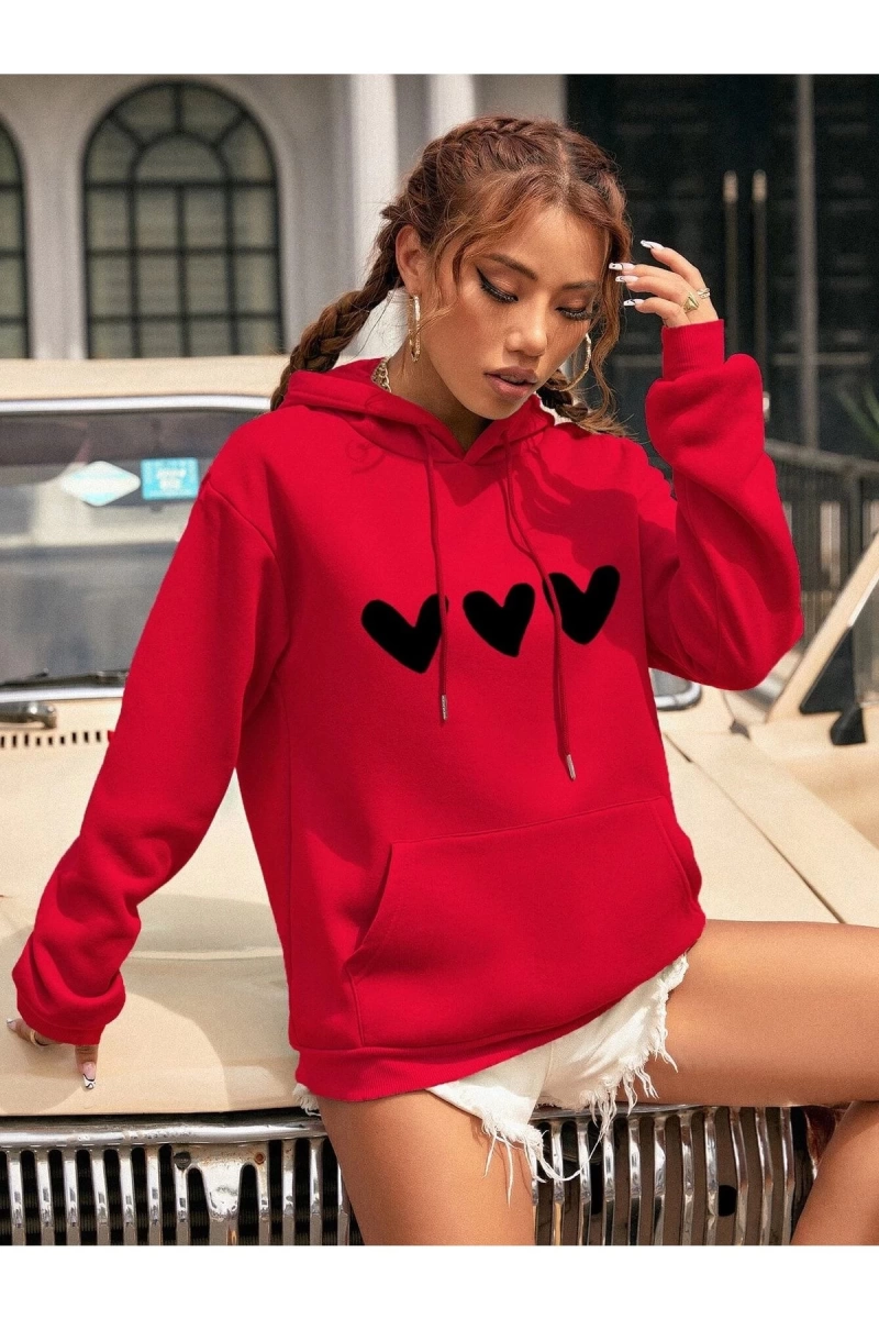 Kadın Kalp Baskılı Kapüşonlu Sweatshirt