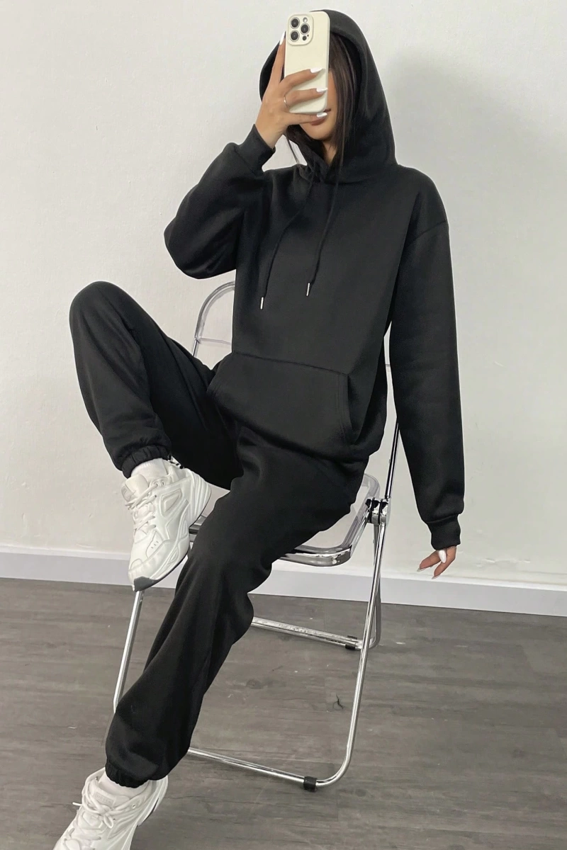 Kadın Kapşonlu Bağcıklı Sweatshirt ve Eşofman Altı Takımı