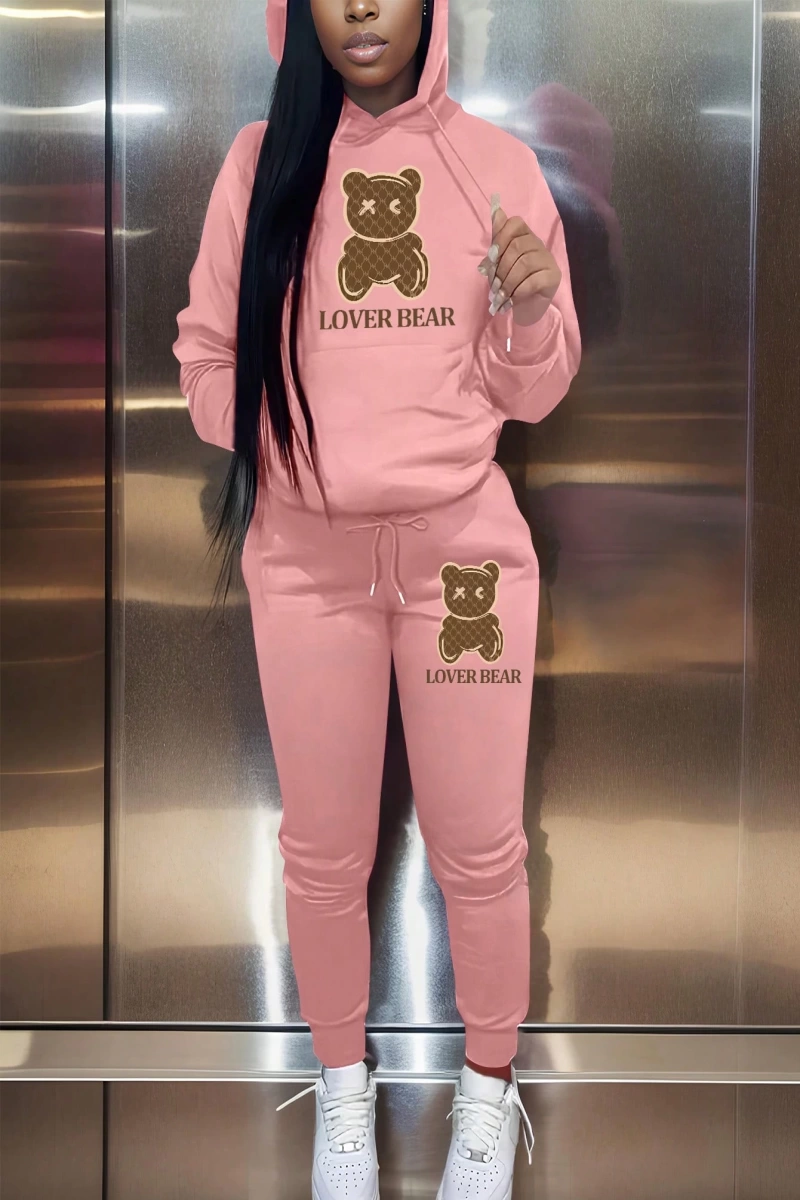Kadın Kapşonlu Siyah Baskılı Bağcıklı Sweatshirt ve Jogger Pantolon İki Parçalı Takım