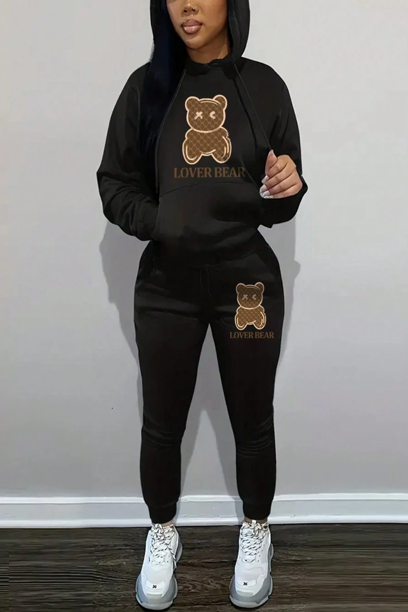 Kadın Kapşonlu Siyah Baskılı Bağcıklı Sweatshirt ve Jogger Pantolon İki Parçalı Takım
