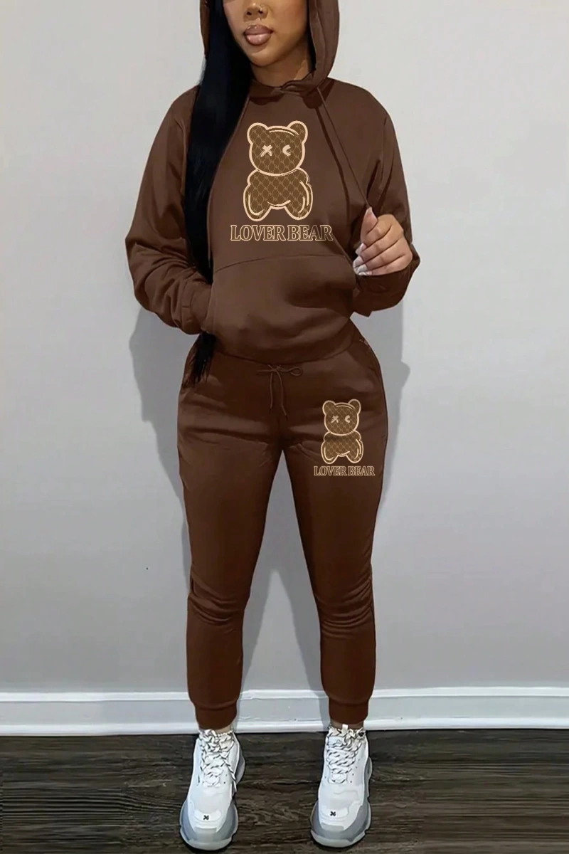 Kadın Kapşonlu Siyah Baskılı Bağcıklı Sweatshirt ve Jogger Pantolon İki Parçalı Takım