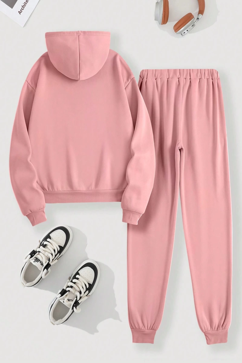 Kadın Kapşonlu Siyah Baskılı Bağcıklı Sweatshirt ve Jogger Pantolon İki Parçalı Takım