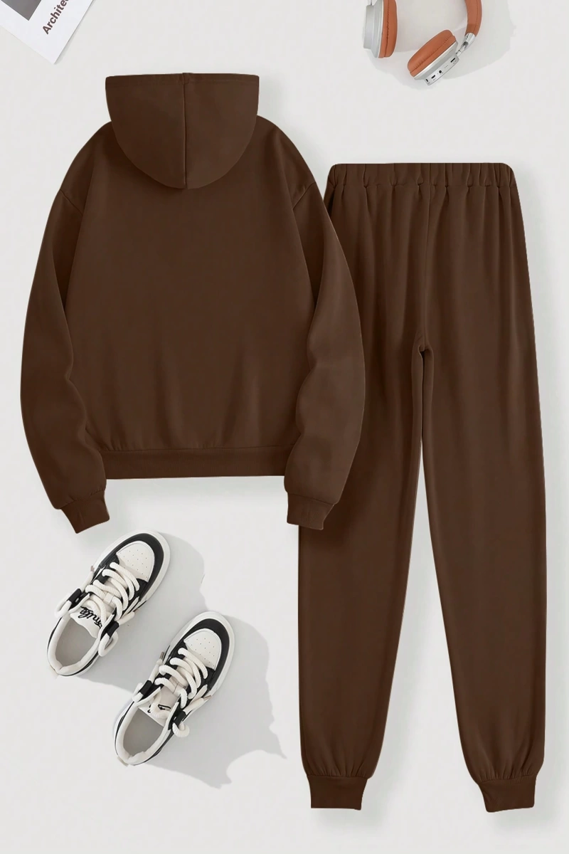 Kadın Kapşonlu Siyah Baskılı Bağcıklı Sweatshirt ve Jogger Pantolon İki Parçalı Takım