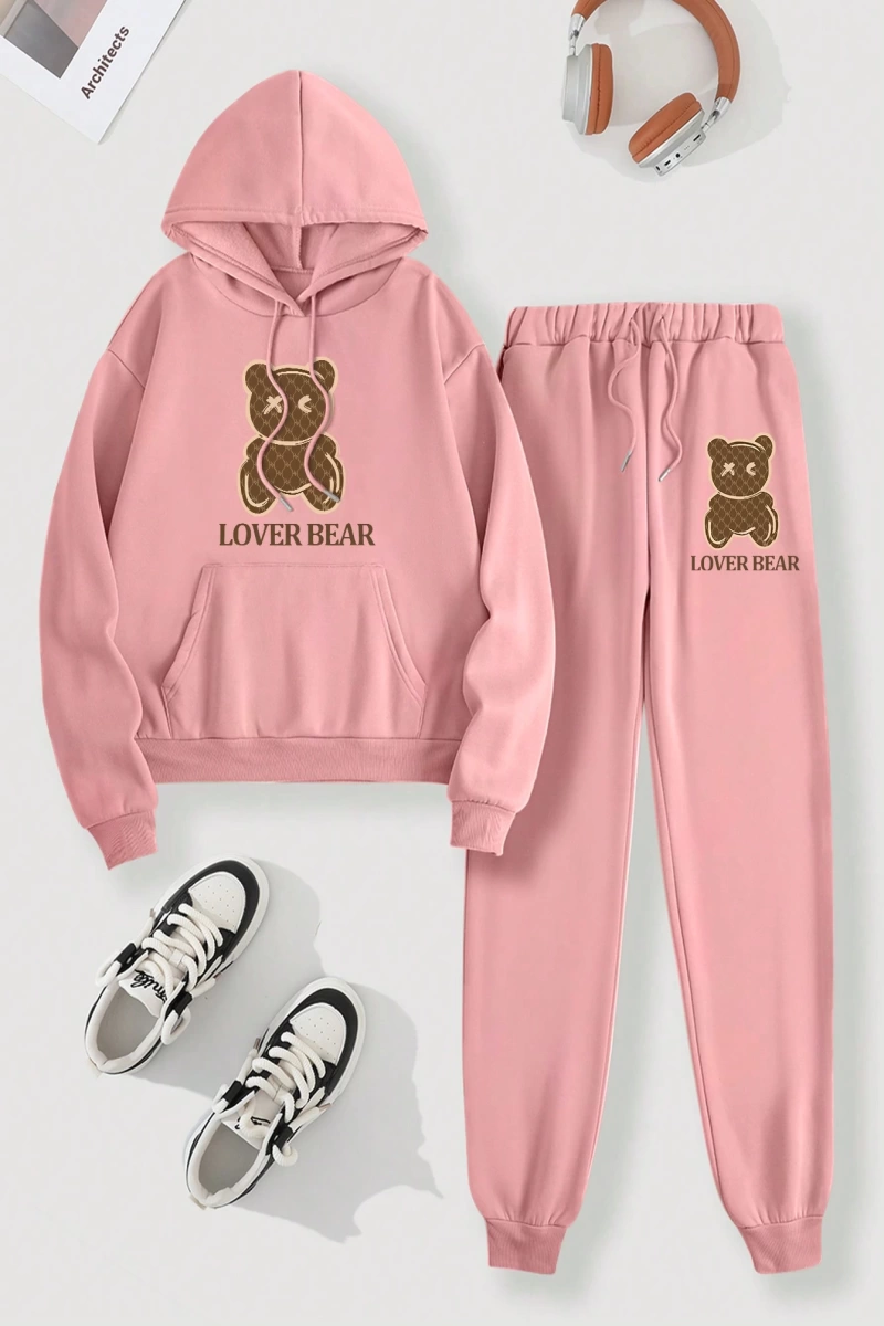 Kadın Kapşonlu Siyah Baskılı Bağcıklı Sweatshirt ve Jogger Pantolon İki Parçalı Takım