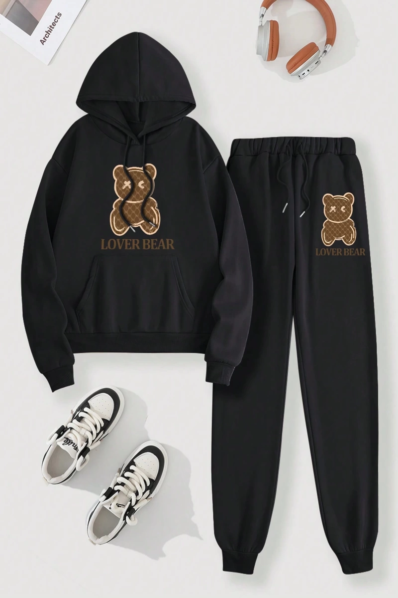 Kadın Kapşonlu Siyah Baskılı Bağcıklı Sweatshirt ve Jogger Pantolon İki Parçalı Takım
