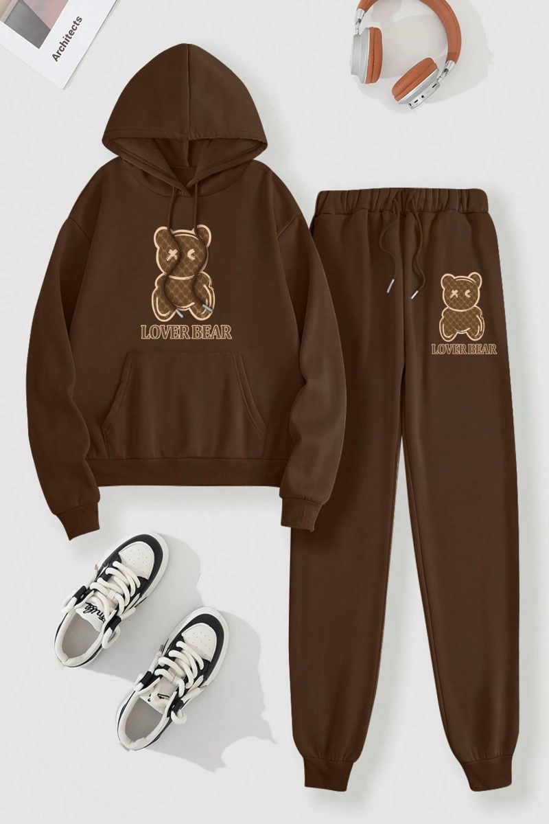 Kadın Kapşonlu Siyah Baskılı Bağcıklı Sweatshirt ve Jogger Pantolon İki Parçalı Takım