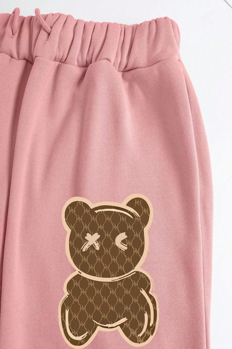 Kadın Kapşonlu Siyah Baskılı Bağcıklı Sweatshirt ve Jogger Pantolon İki Parçalı Takım