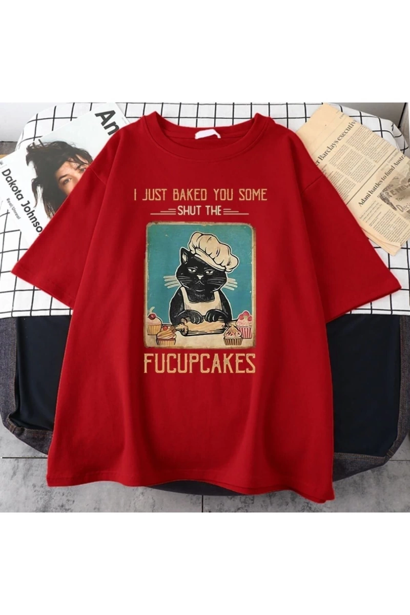 Kadın Kırmızı Fucupcakes Baskılı Oversize Bisiklet Yaka Tshirt