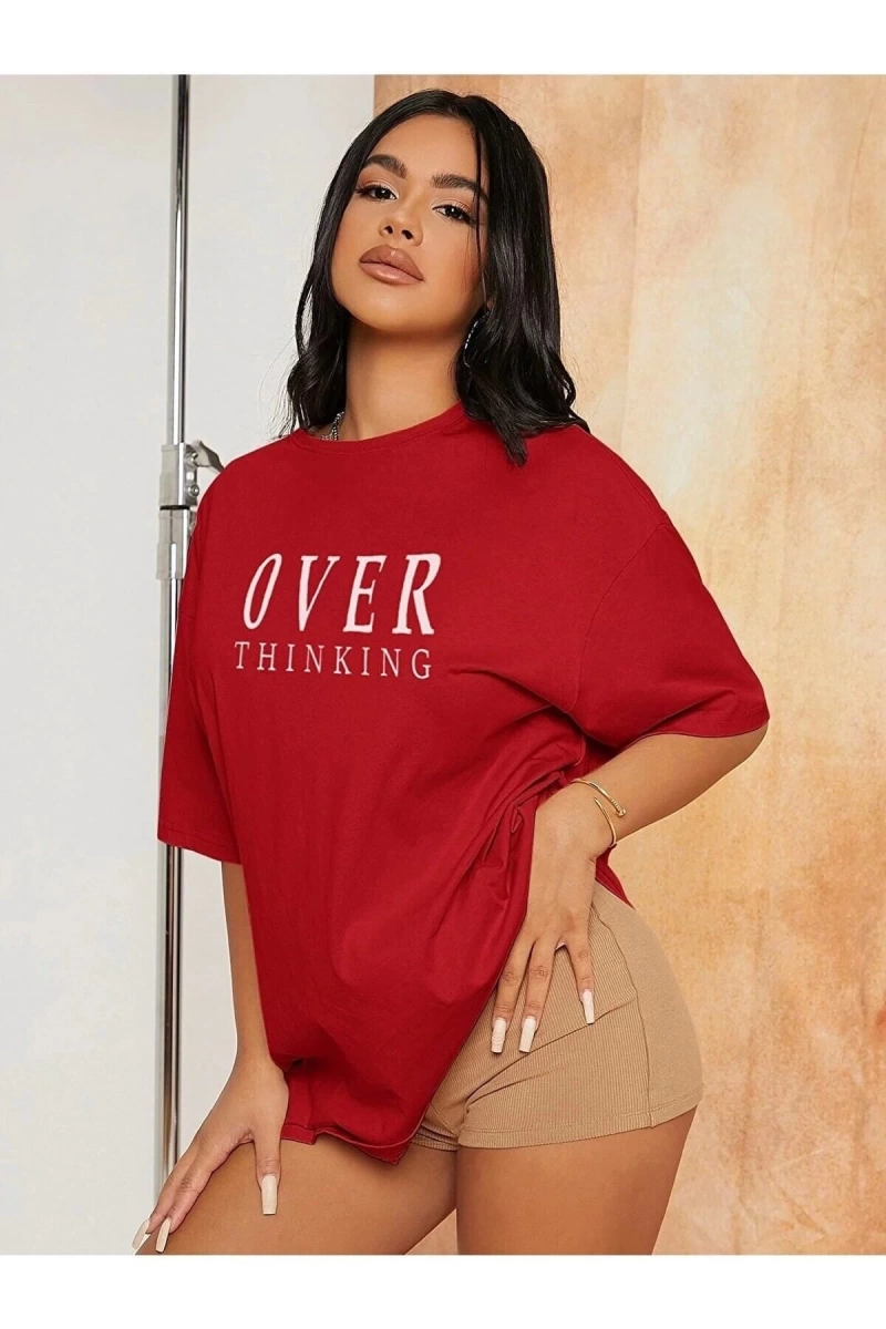 Kadın Kırmızı Over Thinking Baskılı Oversize T-shirt