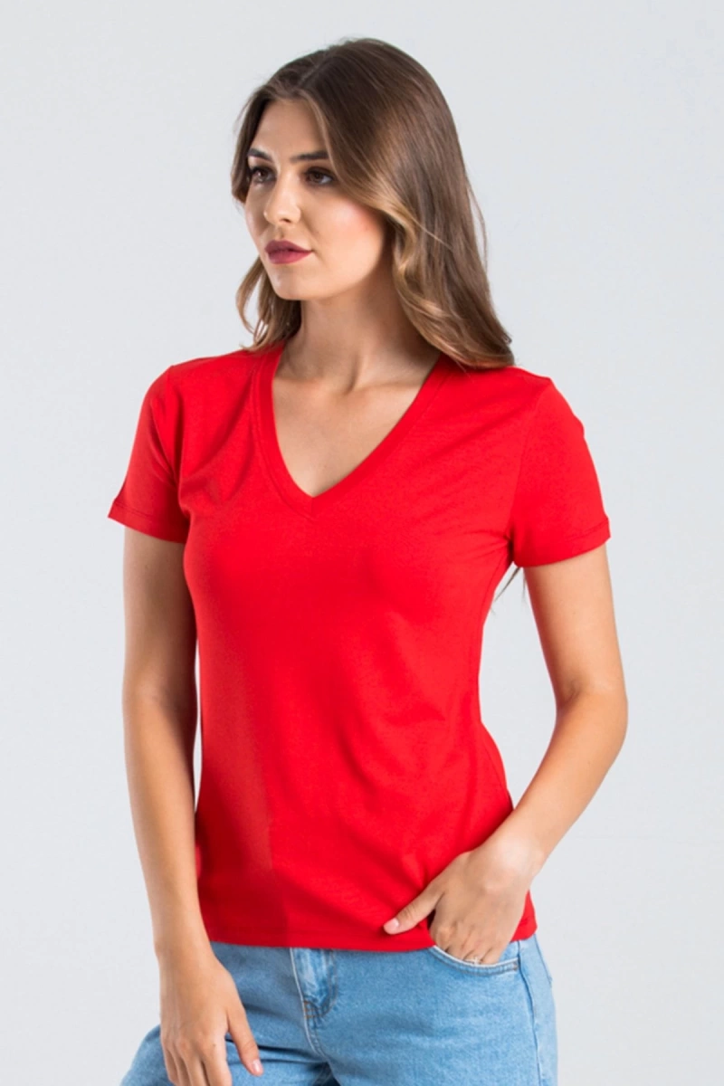 Kadın Kırmızı Renk V Yaka Kısa Kollu Viskon T-shirt